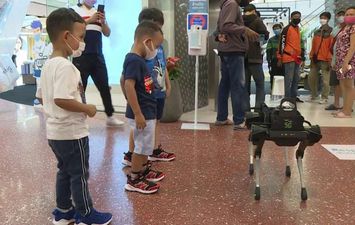 روبوت على شكل كلب يساعد في تعقيم اليدين
