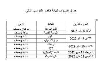 جدول اختبارات شهري فبراير ومارس الفصل الدراسي الثاني 