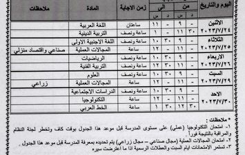 جدول امتحانات الدور الثاني للشهاده الاعداديه محافظه الفيوم 