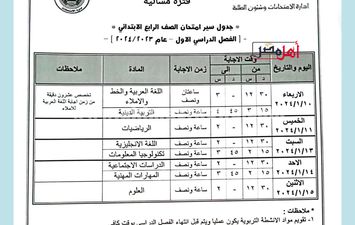 جدول امتحانات الصف الرابع الابتدائي الترم الاول الفترة المسائية 