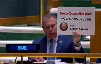 ممثل إسرائيل في الأمم المتحدة يرفع صورة السنوار ورقم هاتفه خلال الجلسة