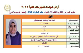 الأولى على الدبلومات الفنية بالشرقية 