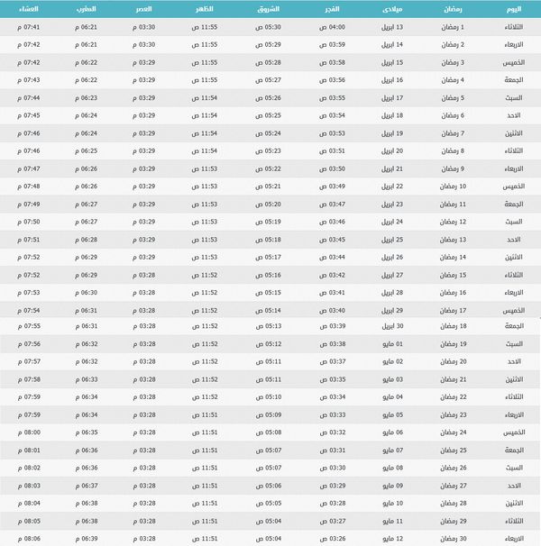 امساكية رمضان في محافظة الجيزة 