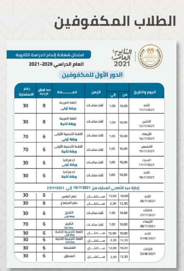 جدول امتحانات الصف الثالث الثانوي 2021