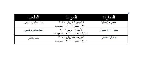 جدول مباريات مصر في أولمبياد طوكيو 2020