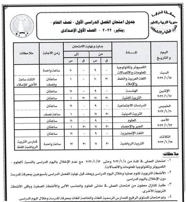 امتحانات الصف الاول الاعدادي 