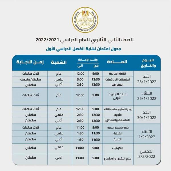 امتحانات الصف الثاني الثانوي 2022 