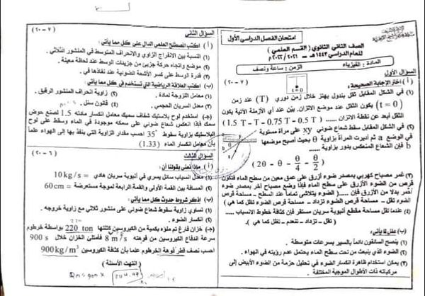 امتحان الفيزياء الثاني الثانوي 2022 