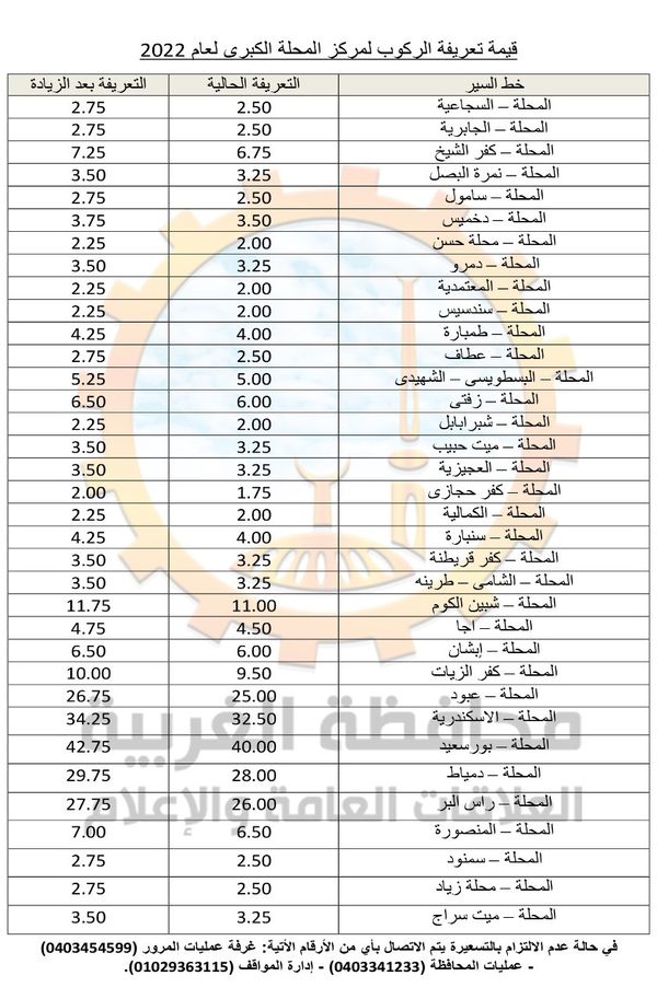 تعريفة المواصلات الجديدة 