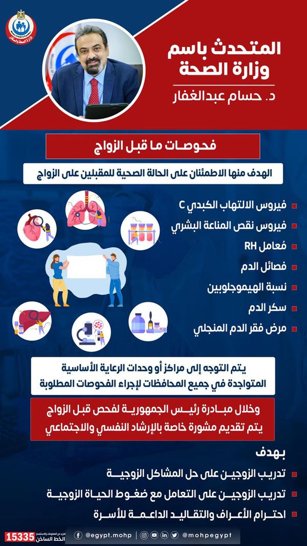 متحدث الصحة: فحوصات ما قبل الزواج الهدف منها الاطمئنان على الحالة الصحية للمقبلين على الزواج