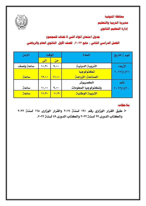 جدول امتحانات الصف الأول الثانوي بمحافظة المنوفية