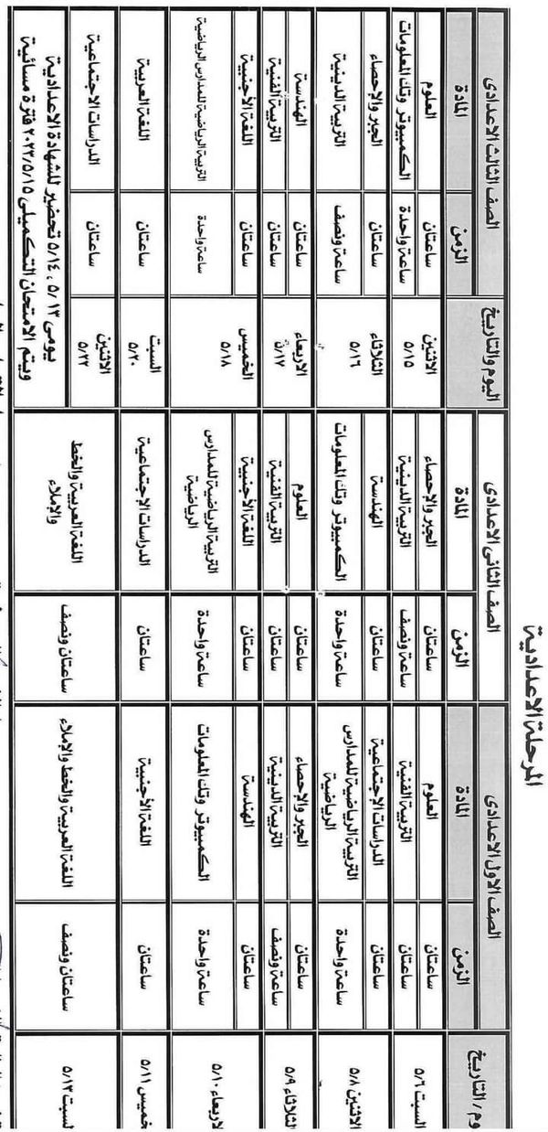 جدول امتحانات المرحلة الاعدادية ببورسعيد 