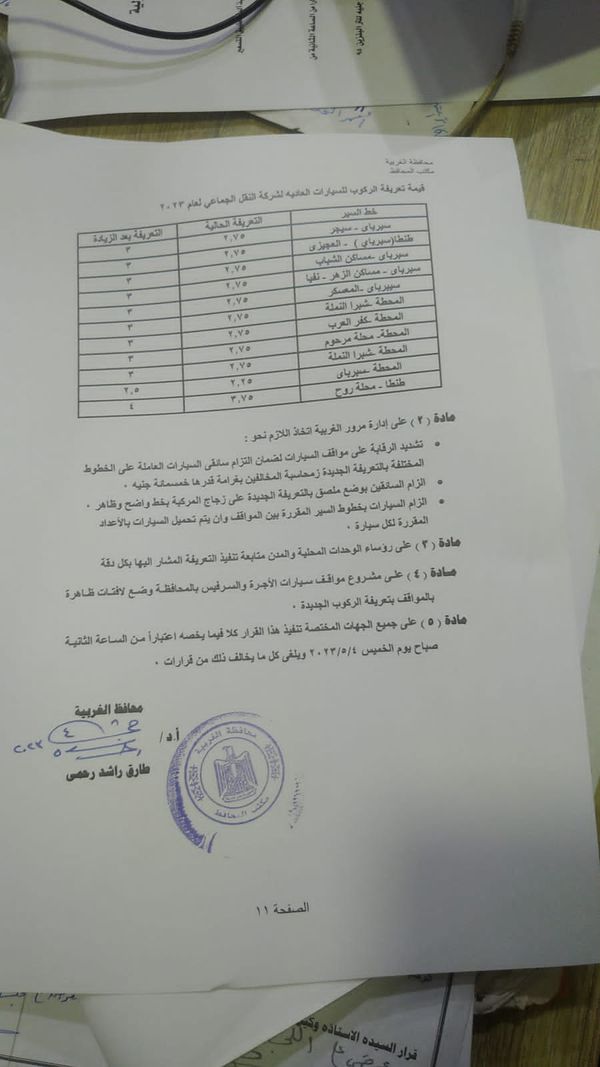 التعريفة الجديدة بمحافظة الغربية 