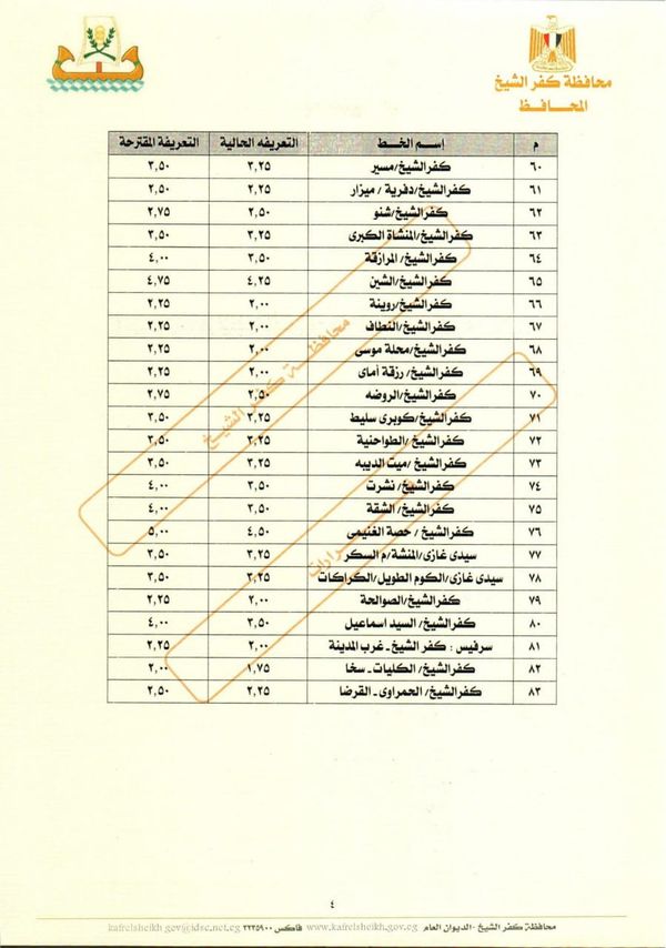  التعريفة الجديدة لكل الخطوط داخل وخارج محافظة كفر الشيخ