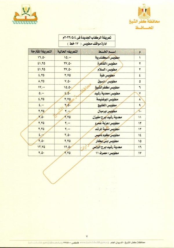  التعريفة الجديدة لكل الخطوط داخل وخارج محافظة كفر الشيخ