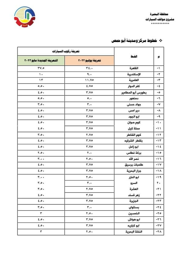 تعريفة الركوب الجديدة بالبحيرة 