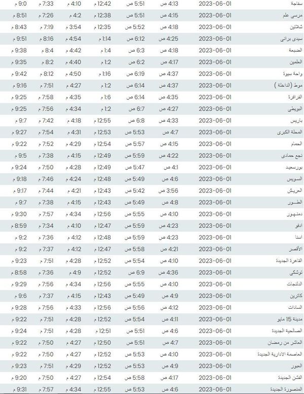 مواعيد الصلاة اليوم الخميس 1-6-2023 