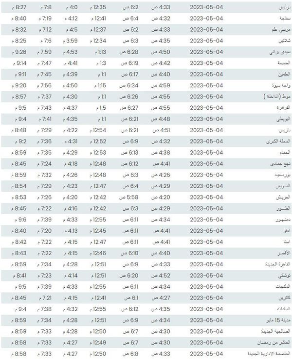 مواعيد الصلاة اليوم الخميس 4-5-2023 