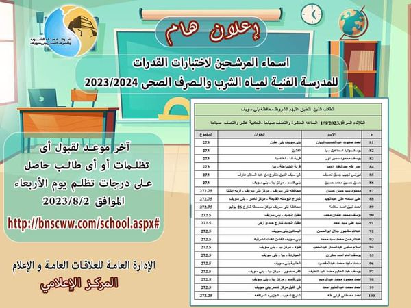 أسماء الطلاب المرشحين لاختبارات القدرات لمياه الشرب ببنى سويف 