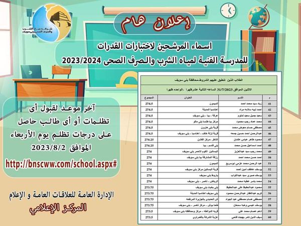 أسماء الطلاب المرشحين لاختبارات القدرات لمياه الشرب ببنى سويف 