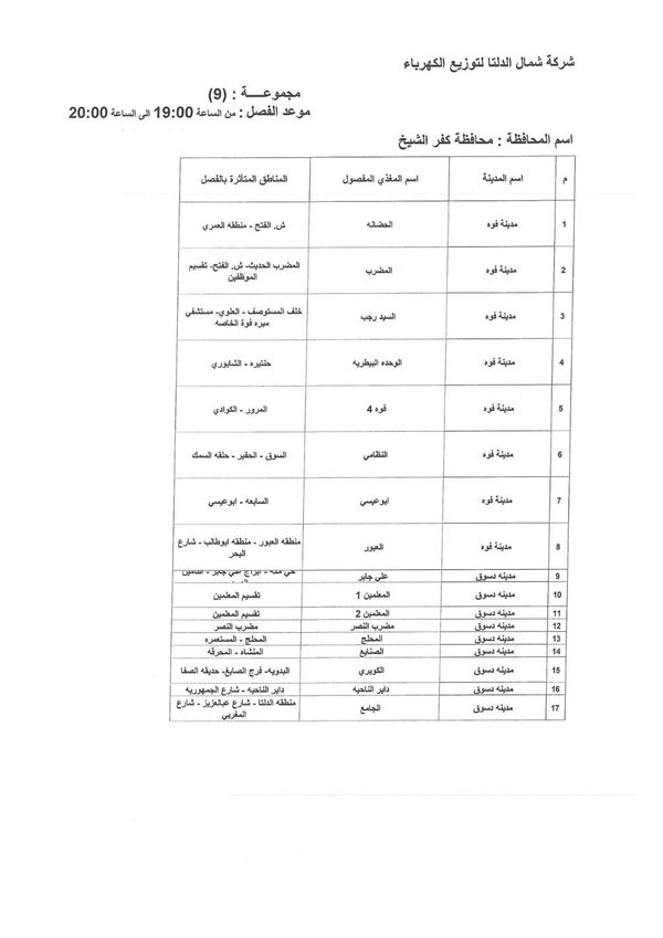 جدول تخفيف الأحمال بكفر الشيخ 