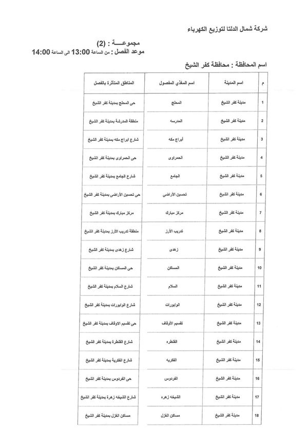 جدول تخفيف الأحمال بكفر الشيخ 