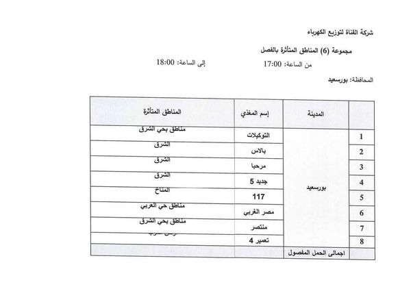 ننشر خطة تخفيف أحمال الكهرباء في محافظة بورسعيد