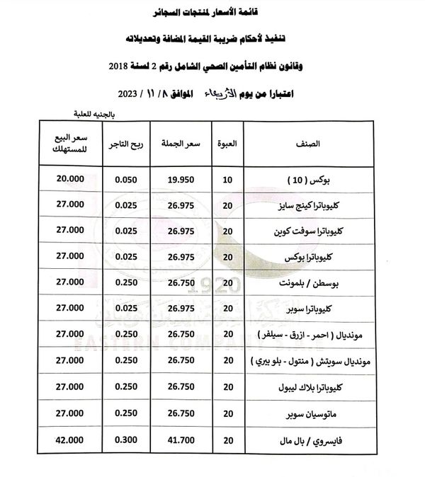 أسعار السجائر الجديدة 