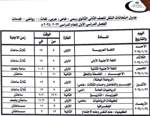 جداول امتحانات الفصل الدراسي الأول لسنوات النقل والشهادات ببنى سويف 