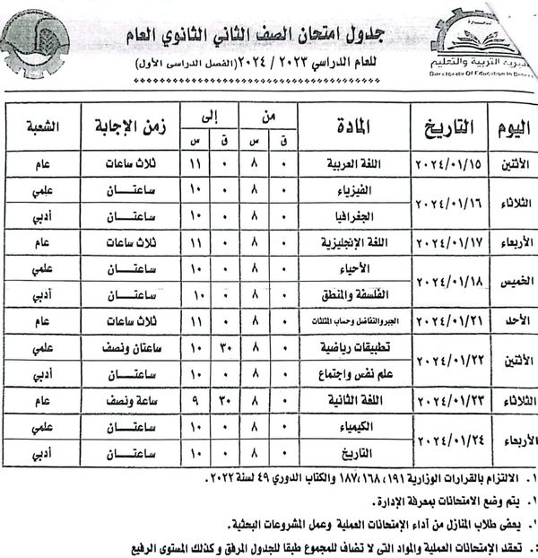 جدول امتحانات الفصل الدراسي الأول 