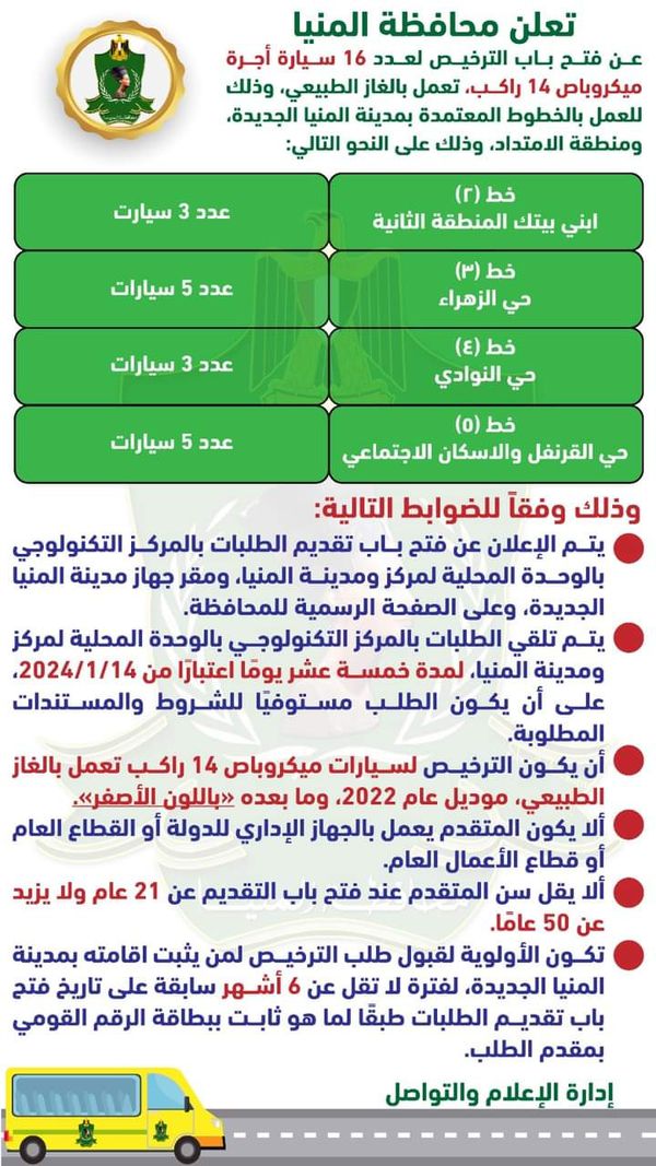 فتح تراخيص ميكروباص المنيا الجديد