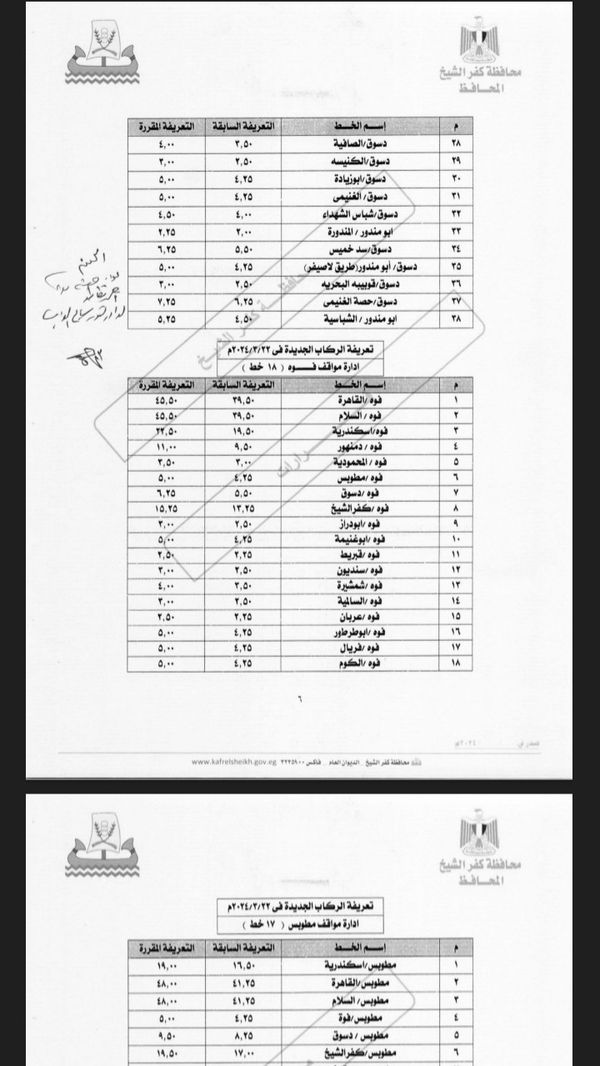 تعريفة الركوب الجديدة بكفر الشيخ 