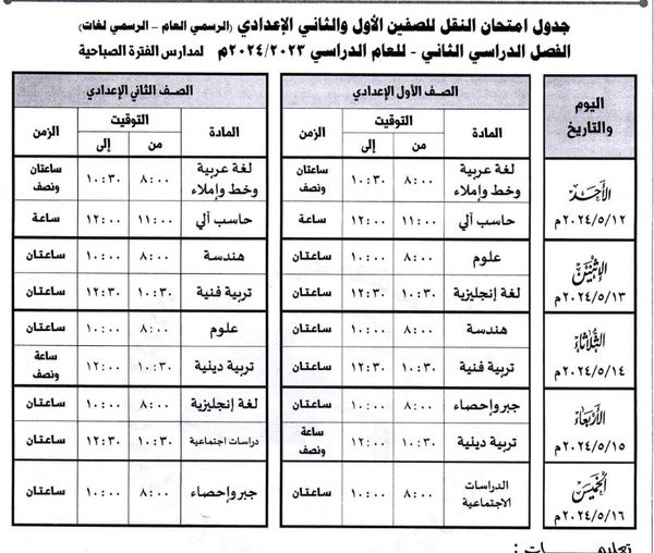 جدول امتحانات الفصل الدراسي الثاني 