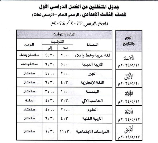 جدول امتحانات الفصل الدراسي الثاني 