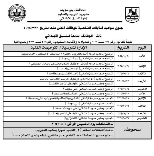 الأحد المُقبل... تعليم بنى سويف يعقد المقابلات الوظائف الإشرافية بالإدارات