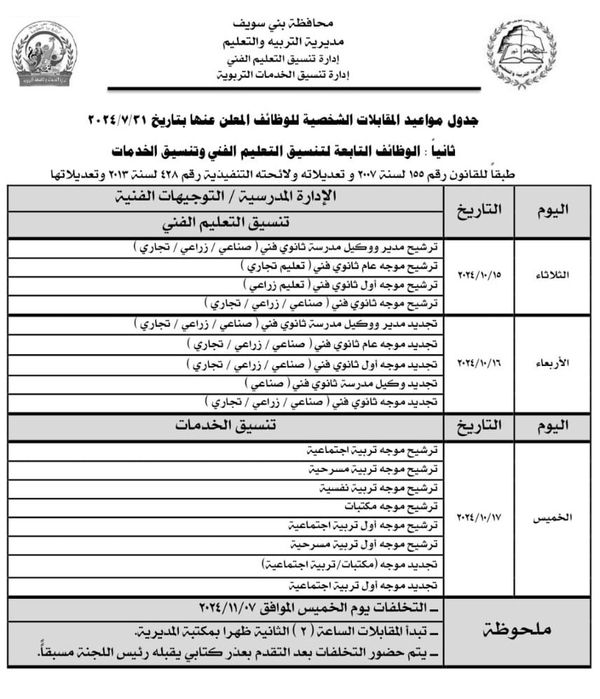 الأحد المُقبل... تعليم بنى سويف يعقد المقابلات الوظائف الإشرافية بالإدارات