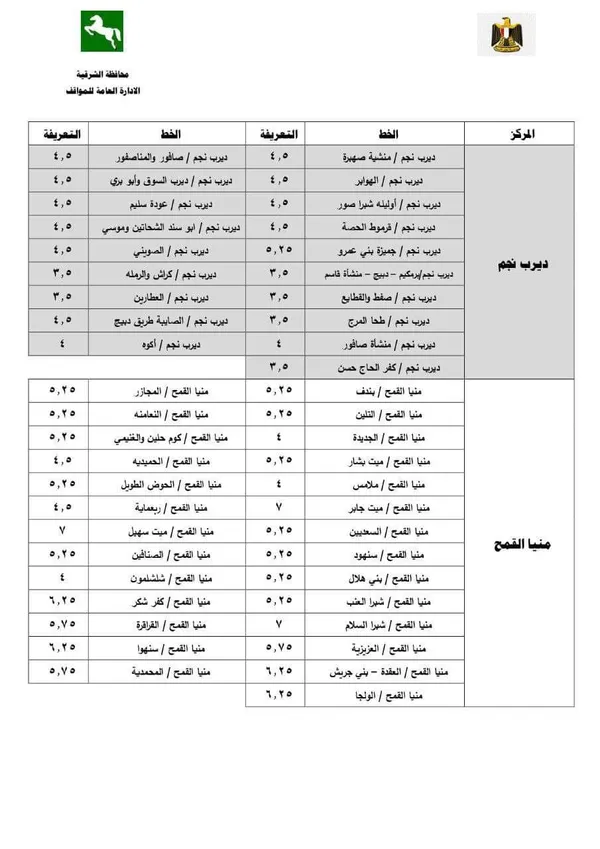 تعريفة الركوب الجديدة بالشرقية 