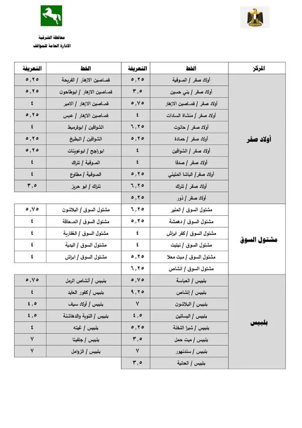 تعريفة الركوب الجديدة بالشرقية 