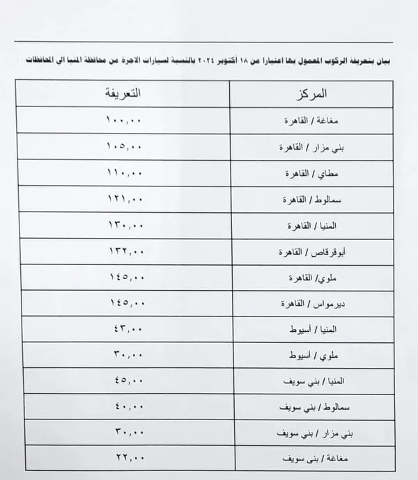 تعريفة الركوب الجديدة بالمنيا 