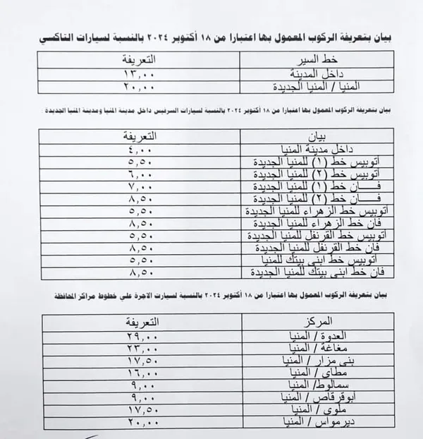 تعريفة الركوب الجديدة بالمنيا 