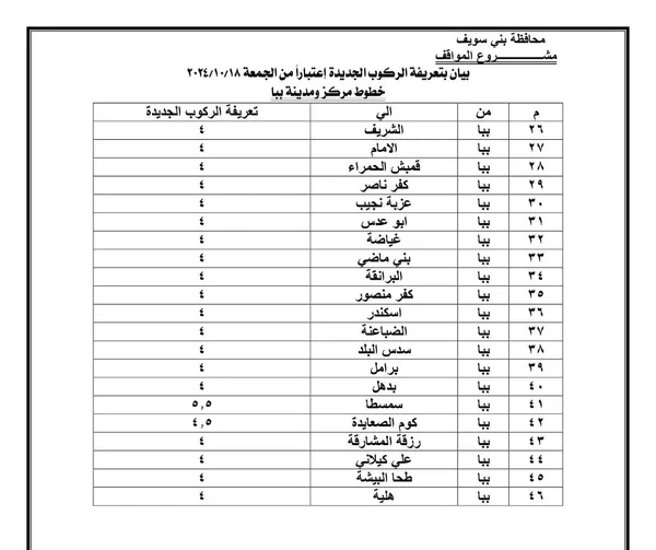 تعريفة الركوب ببنى سويف 