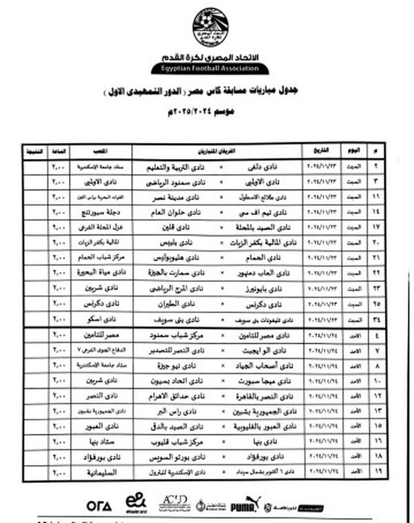 جدول مواعيد الدور التمهيدي في كأس مصر