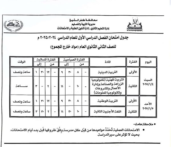 جدول امتحانات الفصل الدراسي الأول 