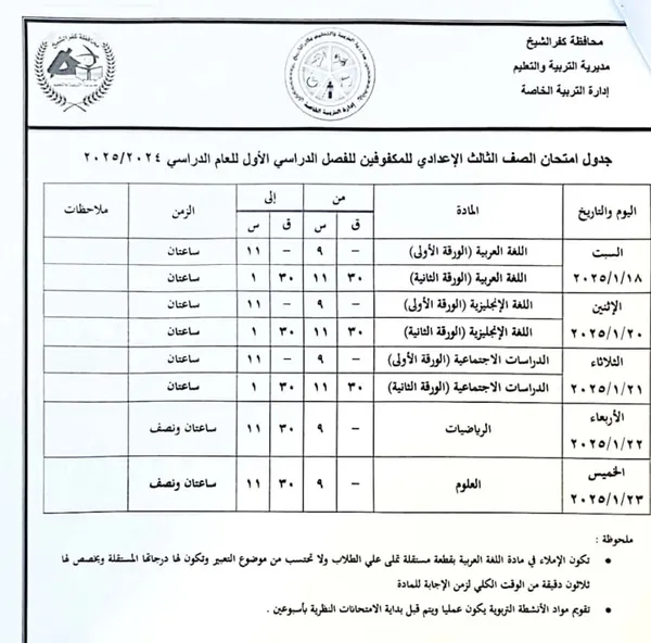 جدول امتحانات الفصل الدراسي الأول 