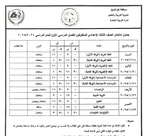 جدول امتحانات الفصل الدراسي الأول 