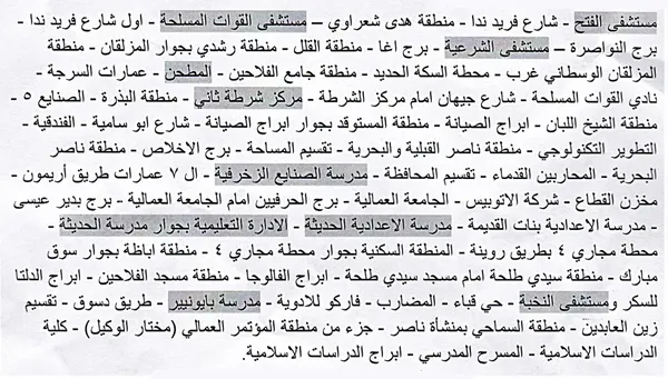 الأماكن المتأثرة بفصل التيار الكهربائي 