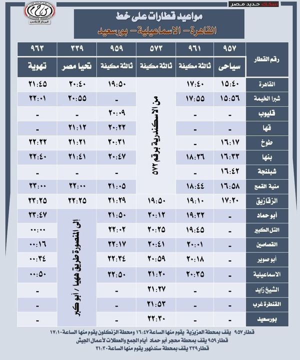 جدول قطارات القاهرة الإسماعيلية 