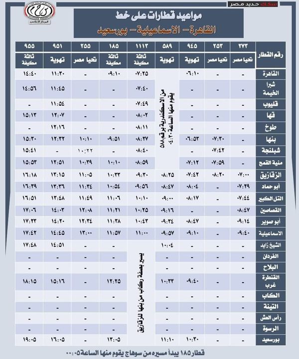 جدول قطارات القاهرة الإسماعيلية 