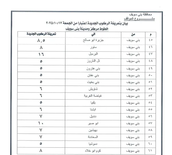 تعريفة الركوب ببنى سويف 