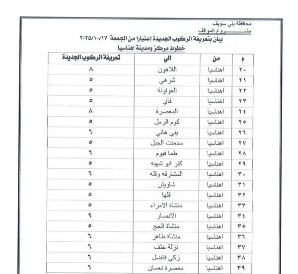 تعريفة الركوب ببنى سويف 